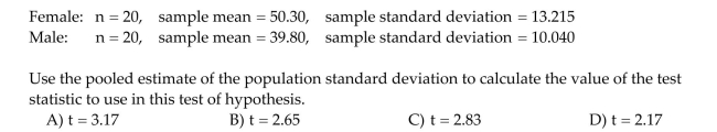 A marketing study was conducted to compare the mean age of male and female purchasers of a certain product. Random and independent samples were selected for both male and female Purchasers of the product. It was desired to test to determine if the mean age of all female Purchasers exceeds the mean age of all male purchasers. The sample data is shown here: