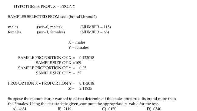 A cola manufacturer invited consumers to take a blind taste test. Consumers were asked to decide which of two sodas they preferred. The manufacturer was also interested in what factors played a Role in taste preferences. Below is a printout comparing the taste preferences of men and women.