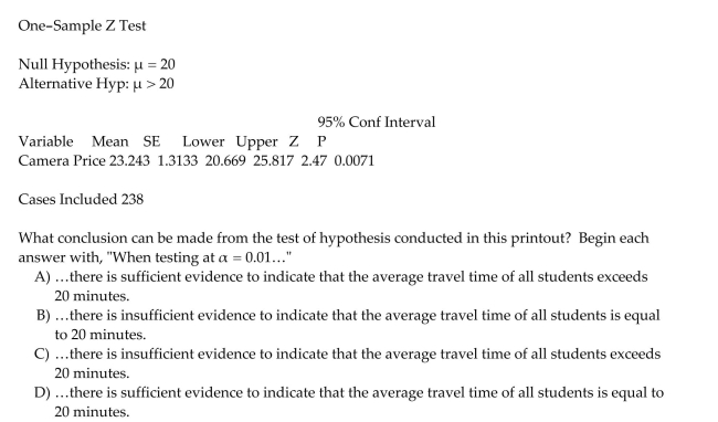 A large university is interested in learning about the average time it takes students to drive to campus. The university sampled 238 students and asked each to provide the amount of time they Spent traveling to campus. This variable, travel time, was then used to create a confidence interval And to conduct a test of hypothesis, both of which are shown in the printout below.