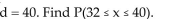 <strong>Suppose x is a random variable best described by a uniform probability distribution with c = 20 and </strong> A)0.4 B)0.5 C)0.04 D)0.08