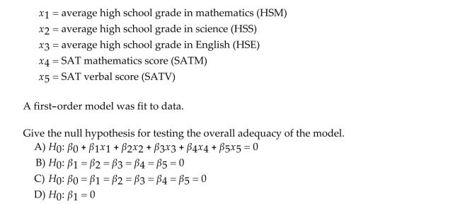 As part of a study at a large university, data were collected on n = 224 freshmen computer science (CS)majors in a particular year. The researchers were interested in modeling y, a studentʹs grade Point average (GPA)after three semesters, as a function of the following independent variables (recorded at the time the students enrolled in the university):
