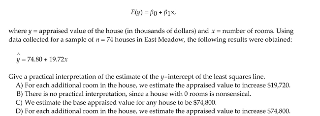 A county real estate appraiser wants to develop a statistical model to predict the appraised value of houses in a section of the county called East Meadow. One of the many variables thought to be An important predictor of appraised value is the number of rooms in the house. Consequently, the Appraiser decided to fit the simple linear regression model: