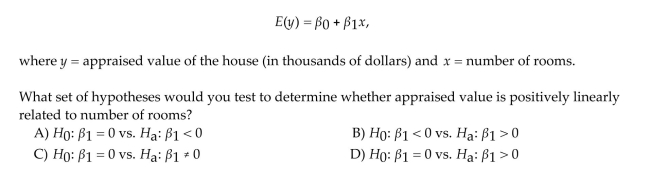 A county real estate appraiser wants to develop a statistical model to predict the appraised value of houses in a section of the county called East Meadow. One of the many variables thought to be An important predictor of appraised value is the number of rooms in the house. Consequently, the Appraiser decided to fit the simple linear regression model: