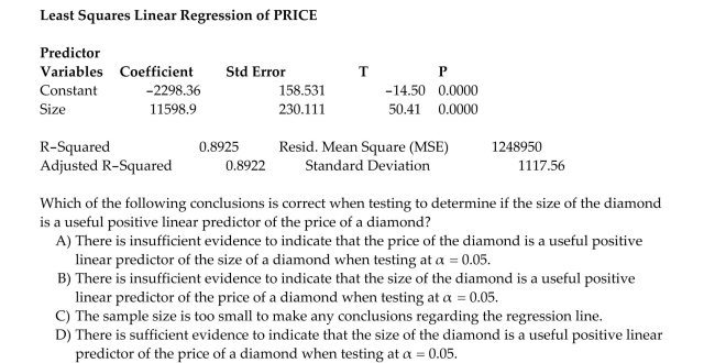 What is the relationship between diamond price and carat size? 307 diamonds were sampled and a straight-line relationship was hypothesized between y = diamond price (in dollars)and x = size of The diamond (in carats). The simple linear regression for the analysis is shown below: