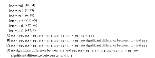 A multiple-comparison procedure for comparing four treatment means produced the confidence intervals shown below. For each pair of means, indicate which mean is larger or indicate that there Is no significant difference.