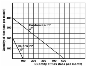 <strong>Below is a graph illustrating rice and flax production in the countries of Cardassia and Bajor. Refer to the graph above to answer this question.Which of the following statements is true?</strong> A)Cardassia has both an absolute and a comparative advantage in the production of rice. B)Bajor has both an absolute and a comparative advantage in the production of rice. C)Cardassia has both an absolute and a comparative advantage in the production of flax. D)Bajor has both an absolute and a comparative advantage in the production of flax.