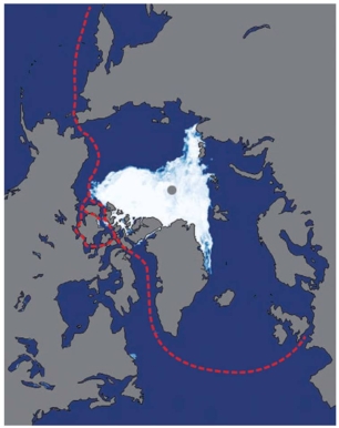 In this figure the red line shows:   A)  the Northwest Passage prediction for 2050. B)  current consequence of climate change. C)  the international trade route through the Arctic Ocean. D)  the Northwest airline route from England to Japan. E)  both the current consequence of climate change and the international trade route through the Arctic Ocean.