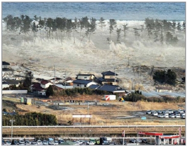 This photograph shows:   A)  river flooding B)  tornado pushing waves C)  a tsunami flows as a long-lasting sheet of water D)  a wind-blown wave rolls onto the beach E)  None of these choices are correct.