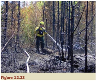 Match the action for the fire suppression in Figure 12.33 with the appropriate level of fire intensity (kW/m) .   A)  0 - 10 B)  2000 - 4000 C)  500 - 2000 D)  4000 - 10 000 E)  >30 000