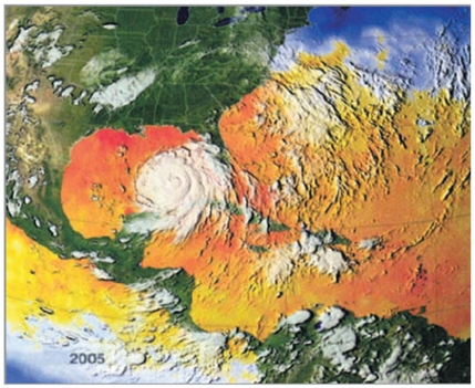 The figure above (Hurricane Katrina) shows that hurricanes rotate in a ________________ around a central core in the Northern Hemisphere.   A)  clockwise direction B)  counter-clockwise direction C)  back and forth motion D)  zigzag pattern E)  random pattern