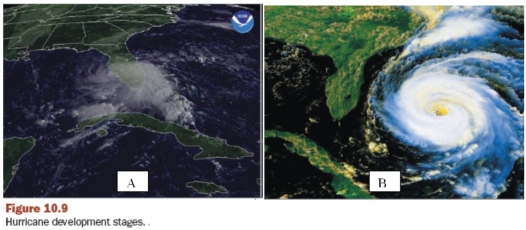 In this figure (from Figure 10.9) , A  represents a _____________ and  B  represents a _____________.   A)  hurricane;tropical disturbance B)  tropical depression;hurricane C)  hurricane;tropical depression D)  tropical disturbance;hurricane E)  none of these are correct