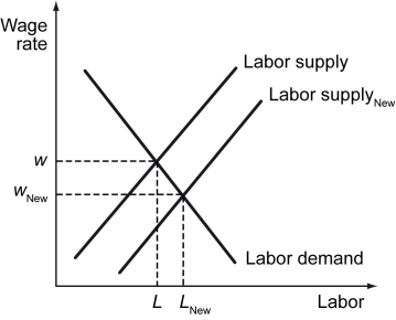 The following figure shows wage versus labor demand.    -Refer to the figure above.If a new technology is developed that increases the marginal productivity of all workers,what will happen to the wage rate and quantity of labor? A)  The wage rate will increase, and the quantity of labor will decrease. B)  The wage rate will decrease, and the quantity of labor will increase. C)  Both the wage rate and quantity of labor will increase. D)  Both the wage rate and quantity of labor will decrease.