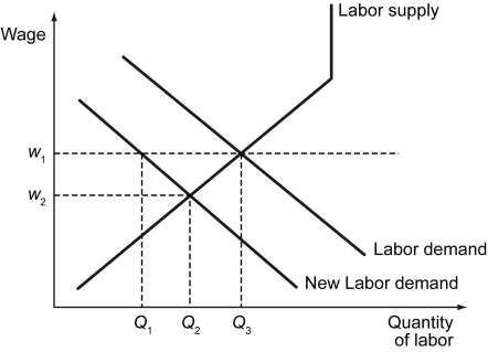 The figure below shows labor supply and labor demand curves.    -Refer to the figure above.Assume that the demand for labor currently is equal to the new demand for labor curve.A minimum wage is in place at w₁.What might be the impact of a law that requires companies to replace 20 percent of robots with manual human labor? A)  Unemployment would decrease because the supply of labor decreases. B)  Unemployment would increase because the supply of labor decreases. C)  Unemployment would increase because the demand for labor decreases. D)  Unemployment would decrease because the demand for labor decreases.