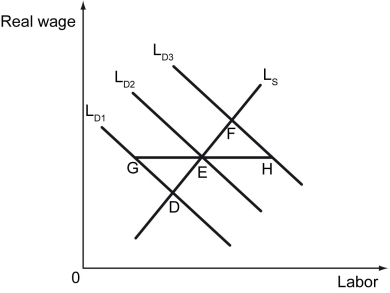 The figure below shows the labor demand and labor supply curves for an economy.    -Refer to the figure above.The economy is currently at E.Which of the following is likely to happen if a recession hits the economy,assuming that there is downward rigidity of wages? A)  The labor market equilibrium will move from point E to point G. B)  The labor market equilibrium will move from point E to point H. C)  The labor market equilibrium will move from point E to point D. D)  The labor market equilibrium will move from point E to point F. 