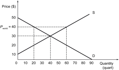 The following figure shows the demand curve, D, and the supply curve, S, for calculators in Barylia. The world price of calculators is $40.    -Refer to the figure above.What is the domestic price of calculators in Barylia? A)  $10 per unit B)  $30 per unit C)  $40 per unit D)  $50 per unit