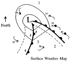 <strong>Exhibit 13-1Use the following illustration of a middle latitude cyclone.The dashed lines show the positions of the fronts 6 hours ago. Refer to Exhibit 13-1.At which of the 4 positions would you expect to hear the following 12-hour forecast: Partly cloudy and continued warm through this afternoon and evening?</strong> A) 1 B) 2 C) 3 D) 4