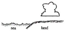 Referring to the figure below, in which of the following conditions do clouds most likely form? ​   A) during the night, when the land is warmer than the water B) during the day, when the land is colder than the water C) during the day, when the land is warmer than the water D) during the night, when the land is colder than the water