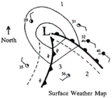   -At which location represented by the four positions on the map would you expect to hear the following 12-hour forecast:  Partly cloudy and continued warm through this afternoon and evening ? A) position 1 B) position 2 C) position 3 D) position 4