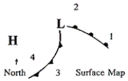  ​    ​ Refer to the above surface weather map. -At which of the following positions is the warm sector located? A) 1 B) 2 C) 3 D) 4