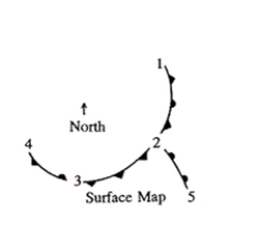   Refer to the above surface weather map. -Between which of the following points is a cold front positioned? A) between 1 and 2 B) between 2 and 3 C) between 2 and 5 D) between 3 and 4