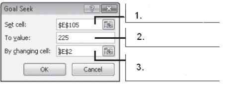 Case 2-2     Nevia is using Goal Seek for the first time. She is determining what to put in each text box inside the Goal Seek dialog box shown in the above figure. -Nevia's boss stops by her desk and asks which of the three numbers in the above figure is considered to be the dependent data, and she correctly answers ____. A)  #1 B)  #2 C)  #3 D)  none of the above