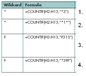 MATCHING     Using the above figure, identify the letter of the choice that best matches the figure. -#1 A) Counts all Inspector IDs that contain the text value  1  anywhere in the value (A313, C321, B313, and so on)  B) Counts all Inspector IDs that end with the text value  3  C) Counts all Inspector IDs that have the value  3  in the third-to-last position in the text value, regardless of the number of preceding characters D) Counts all Inspector IDs with a single character followed by the characters  313 ; notice that cell H7 is not counted because it contains two characters preceding the characters  313 