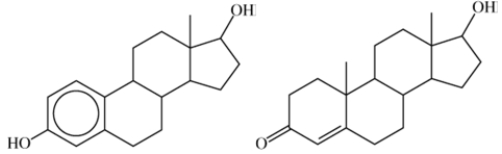 What structural feature do the two hormones shown have in common?   A) Both have alcohol functional groups B) Both have ketone functional groups C) Both are steroids D) There are no structural features in common