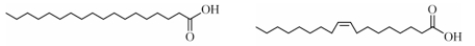 The line-angle drawings of two fatty acids are shown.Which structural feature do they have in common?   A) Carbon-carbon double bonds B) Carboxylic acid group (COOH)  C) Polyunsaturation D) They have no features in common