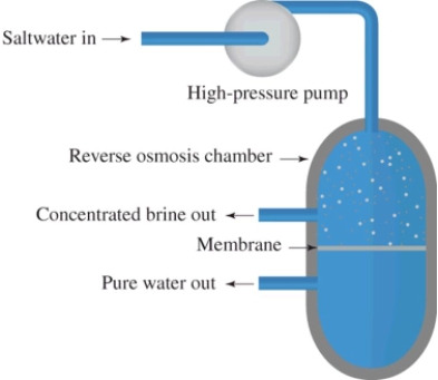 Reverse osmosis is illustrated in this diagram.What is this process used for?   A) To purify water by ion exchange B) To remove dissolved salts from sea water C) For the ozonation of water supplies D) To add fluorine to municipal water supplies