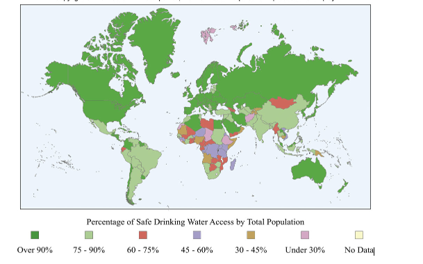 The world map shows the availability of safe drinking water around the world.Which statement is true?   A) In Australia,less than 75 percent of the population has access to safe drinking water B) In most of Africa,more than 90 percent of the population has access to clean water C) In Europe and Russia,more than 10 percent of the population does not have access to clean water D) In the United States and Canada,more than 90 percent of the population has access to clean water
