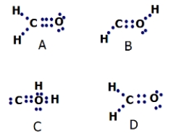 Which Lewis structure for formaldehyde (CH<sub>2</sub>O)  is correct?   A) A B) B C) C D) D