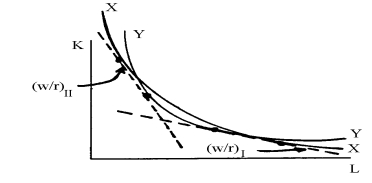 In the following diagram,   At factor prices (w/r) <sub>I</sub>, good X is the __________, and, at factor prices (w/r) <sub>II</sub>, good Y is The __________. A)  labor-intensive good; labor-intensive good B)  labor-intensive good; capital-intensive good C)  capital-intensive good; labor-intensive good D)  capital-intensive good; capital-intensive good
