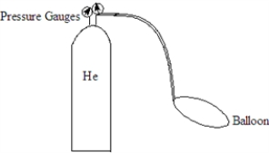Helium (He)is used to fill balloons and is stored in a metal cylinder with pressure gauges on the top.   For each of the following changes,fill the blank with one of the following terms to describe what happens to the pressure reading on the gauge. -Four balloons are filled from the cylinder. The pressure reading _______________________.