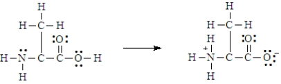 Below is the structure for the amino acid alanine.   Alanine can undergo an internal acid-base reaction.   In this reaction, the -NH<sub>2</sub> group functions as a base.