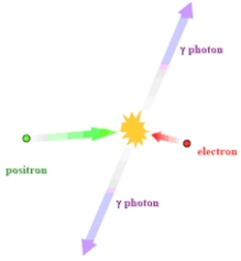 Consider the process illustrated in the image below.   Which of the following is true of this process? A) The process illustrated is annihilation. B) This process is used in radiation therapy. C) Positrons have fairly long half-lives making for easy detection. D) All of the statements are true of this process.