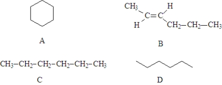 Consider the following structures.   Fill in the blanks with the appropriate letters (A,B,C,or D). -Structure ______________________ is a stereoisomer of cis-2-hexene.