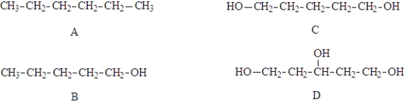 Examine the following compounds.   Fill in the blanks with the appropriate letter (A,B,C,D). -Structure___________________would have the lowest boiling point.