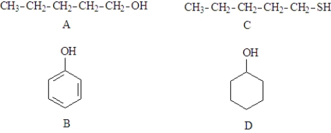 Consider the following molecules.   Fill in the blanks with the appropriate letter (A,B,C,D). -Structure ____________________ would not hydrogen bond with water.