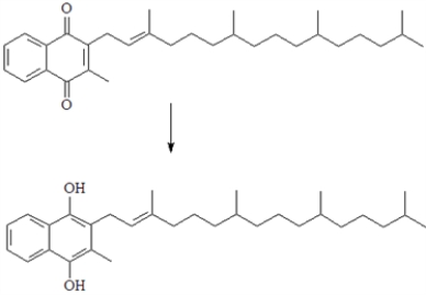 Vitamin K (whose simplified structure is given below) is required for blood clotting. One of the reactions involved in blood clotting is shown below. This reaction represents an oxidation.  