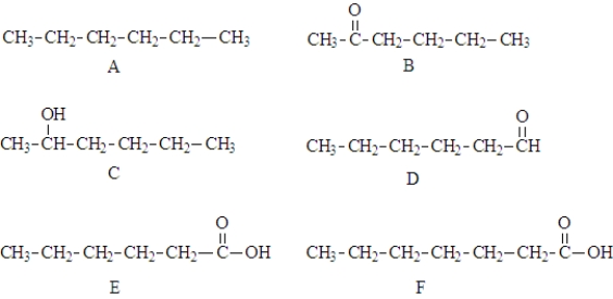 Consider the structures given below.   Fill in the blanks with the appropriate letter (A,B,C,D,E,F). -Structure _____________________ could serve as both a hydrogen bond donor and a hydrogen bond acceptor.