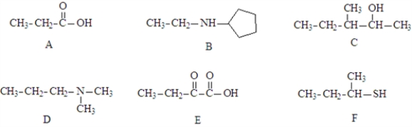 Consider the structures given below.   Fill in the blanks with appropriate letter (A,B,C,D,E,F). -Structure _________________________ would undergo oxidative decarboxylation.