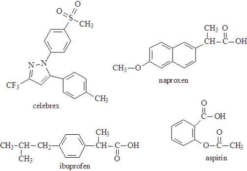 The following represent several common nonsteriodal,anti-inflammatory drugs (NSAIDs)available over the counter.   Fill the blanks with the appropriate term from the list below.More than one answer may be correct. aspirin ibuprofen naproxen celebrex -_________________contains an ether functional group.