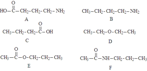 Consider the following compounds.   These compound may be involved in the following types of reaction. amidation esterification saponification condensation hydrolysis polymerization Fill in the blanks with the appropriate term from the list.More than one term may be correct. -Structures E and F are the products of a(n) ____________________ reaction.