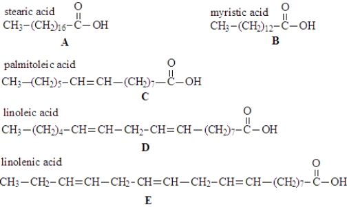 Examine the fatty acids given below.The names of the acids are given above the formula and each structure given a letter designation below the structure.   Fill in the blanks with the appropriate letter (A,B,C,D,E). -The polyunsaturated fatty acid is structure _______________________.