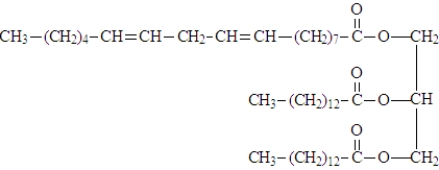 Examine the fatty acids given below.The names of the acids are given above the formula and each structure given a letter designation below the structure. Fill in the blanks with the appropriate letter (A,B,C,D,E). To form the following triglyceride would require 1 molecule of ______________________ and 2 molecules of ______________________.