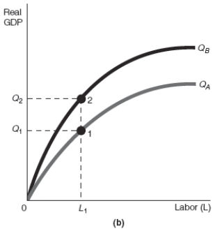 Exhibit 17-2     -Refer to Exhibit 17-2.Assume that the starting point is always point 1.Which of the production function graphs shown, (a) or (b) ,represents an increase in the quantity of labor,and which represents an increase in the technology coefficient,respectively? A) (a) ; (b)  B) (b) ; (a)  C) (a) ; (a)  D) (b) ; (b) 