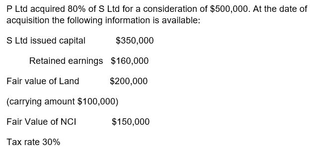   -Under the fair value (100% of goodwill) method used in Question 14 the NCI in goodwill is: A)  $34,000 B)  $104,000 C)  $150,000 D)  none of the above 