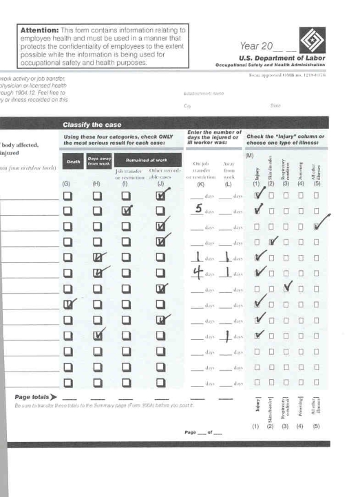 Examine the OSHA 300 Log and construct the OSHA 300a Summary of Work-Related Injuries and Illnesses on the form provided.Assume that this firm has 200 employees and all employees worked for the entire year.Calculate the LWDI.  