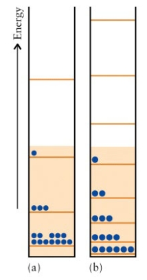 The energy levels of two particle in a box systems are given below:   Which molecule,N<sub>2</sub>,or F<sub>2</sub>,is better represented by (b)?