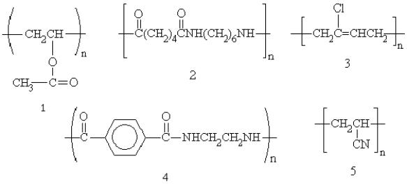 Which of the following polymers are addition polymers?   A) 1,3,and 5 B) 2 and 3 C) 2 and 4 D) 4 and 5 E) 3 only